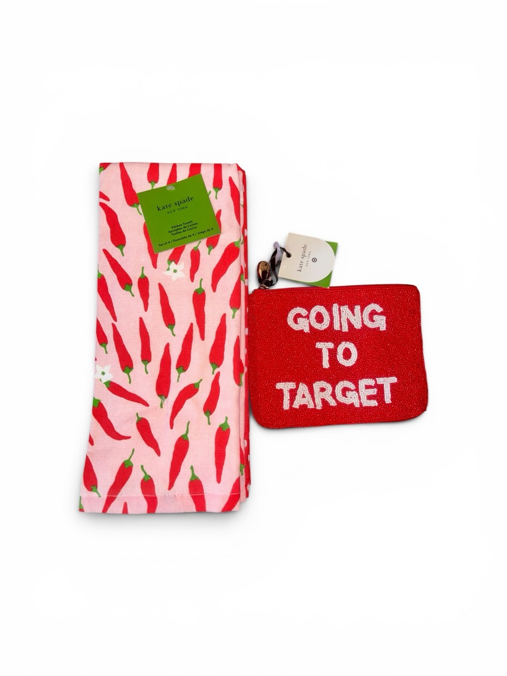 Kate Spade Red Going to Target Clutch & Pepper kitchen Towel Duo NWT!